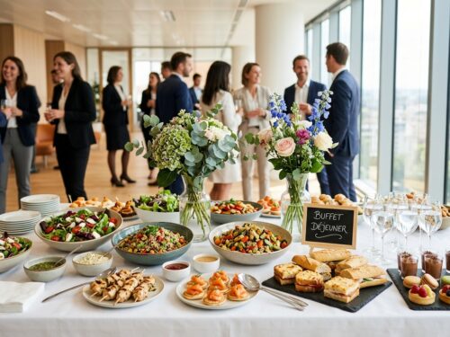 Buffet d'entreprise réussi sur une table blanche