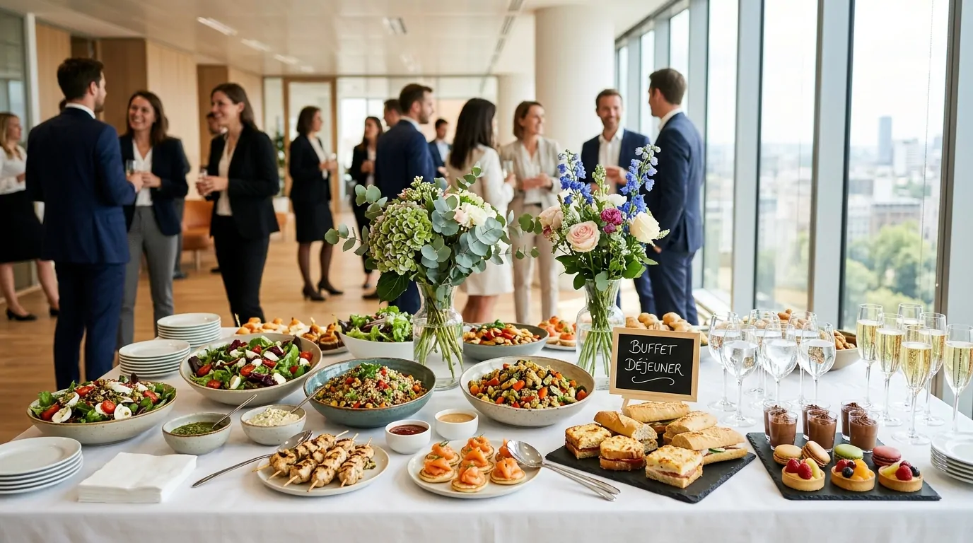 Buffet d'entreprise réussi sur une table blanche