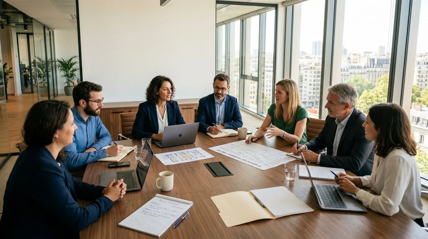 Professionals gathered around a modern table planning an event Professionals gathered around a modern table planning an event