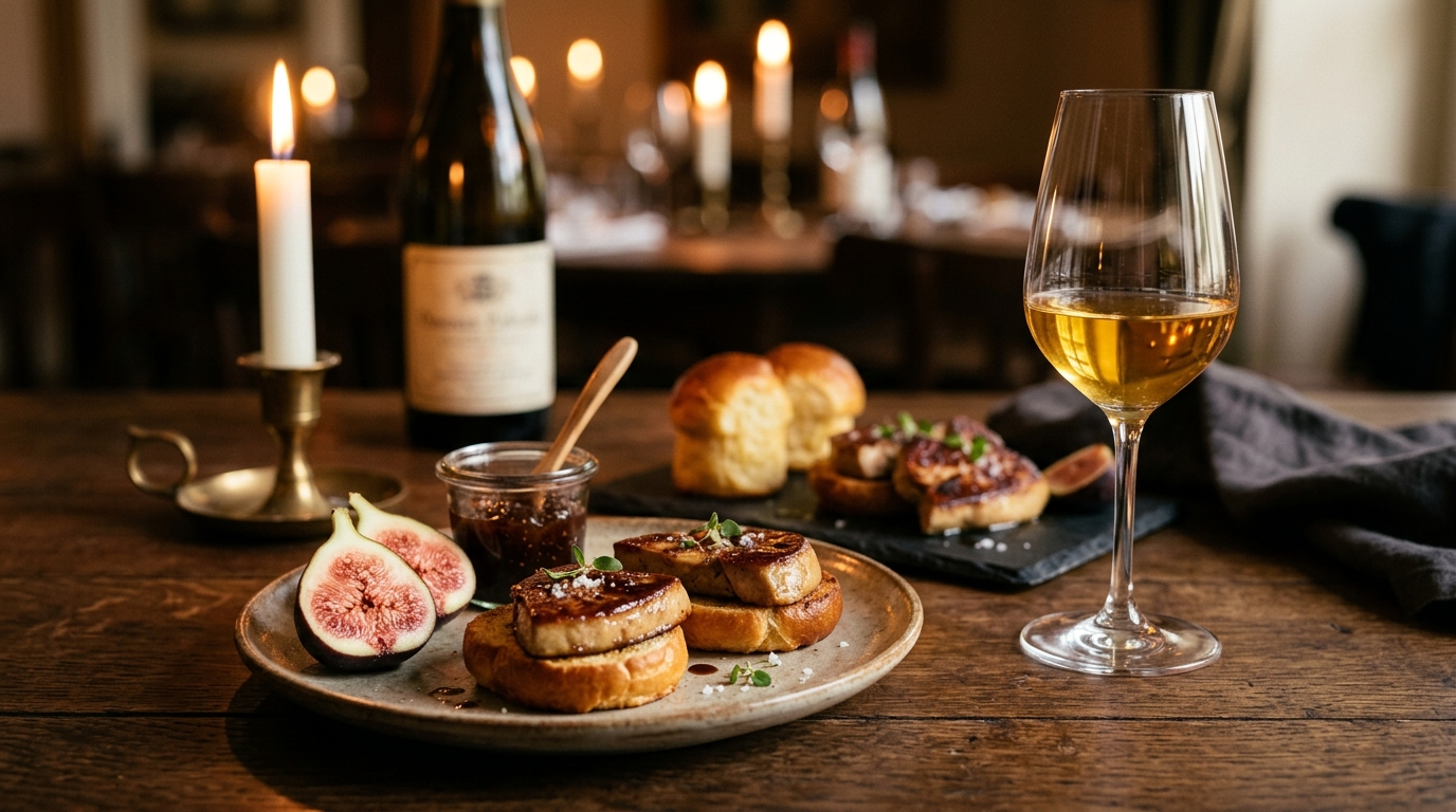 Tranches de foie gras sur brioche grillée avec verre de Sauternes et figues fraîches
