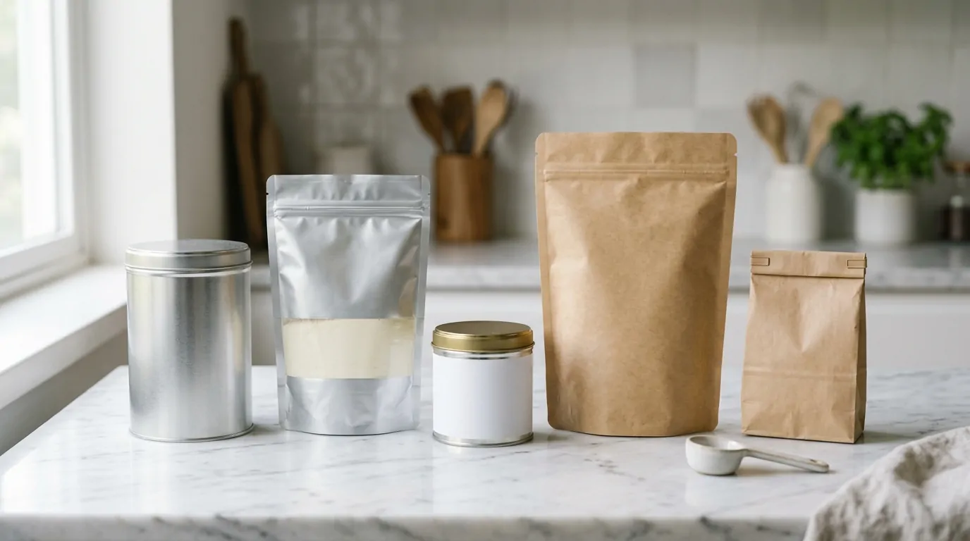 Diverse lattine di metallo e sacchetti di carta kraft contenenti latte in polvere erano allineati su un piano di marmo bianco Diverse lattine di metallo e sacchetti di carta kraft contenenti latte in polvere erano allineati su un piano di marmo bianco