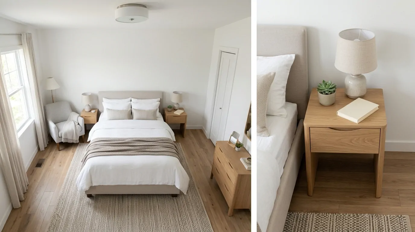Chambre moderne lumineuse avec table de nuit bien proportionnée au chevet du lit Chambre moderne lumineuse avec table de nuit bien proportionnée au chevet du lit