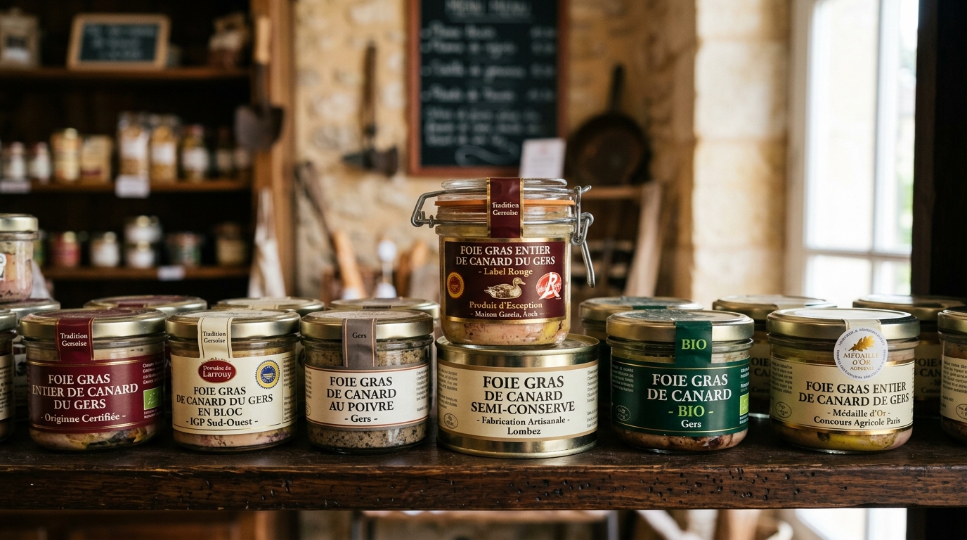 Bocaux de foie gras du Gers avec médaillons dorés et labels de certification