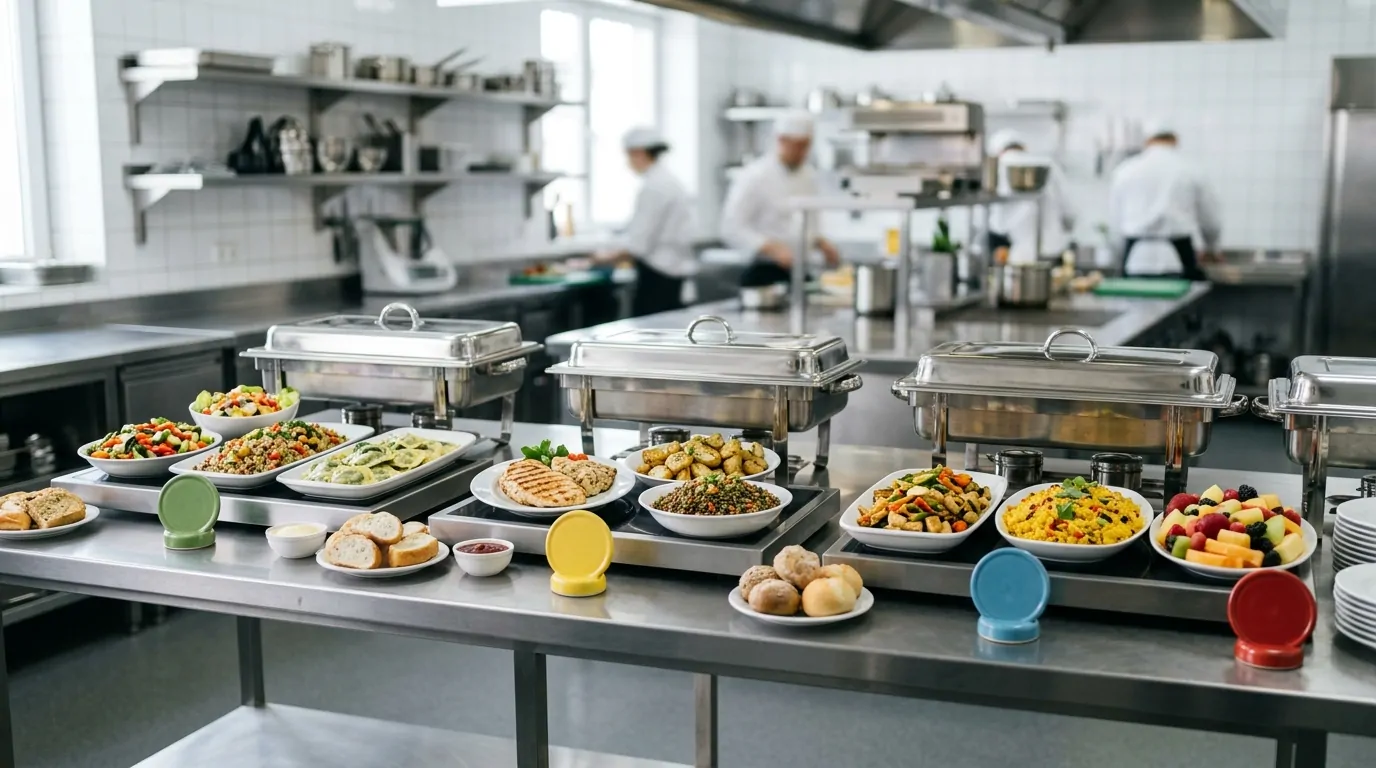 Catered buffet with dishes separated by category: vegetarian, gluten-free, and vegan, and color markers Catered buffet with dishes separated by category: vegetarian, gluten-free, and vegan, and color markers