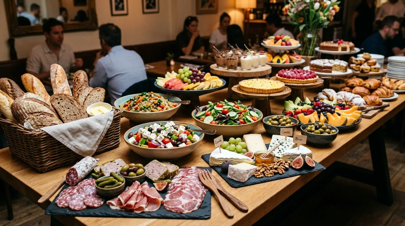 A buffet table laden with colorful salads, cold cuts, cheeses, breads, and a variety of desserts A buffet table laden with colorful salads, cold cuts, cheeses, breads, and a variety of desserts