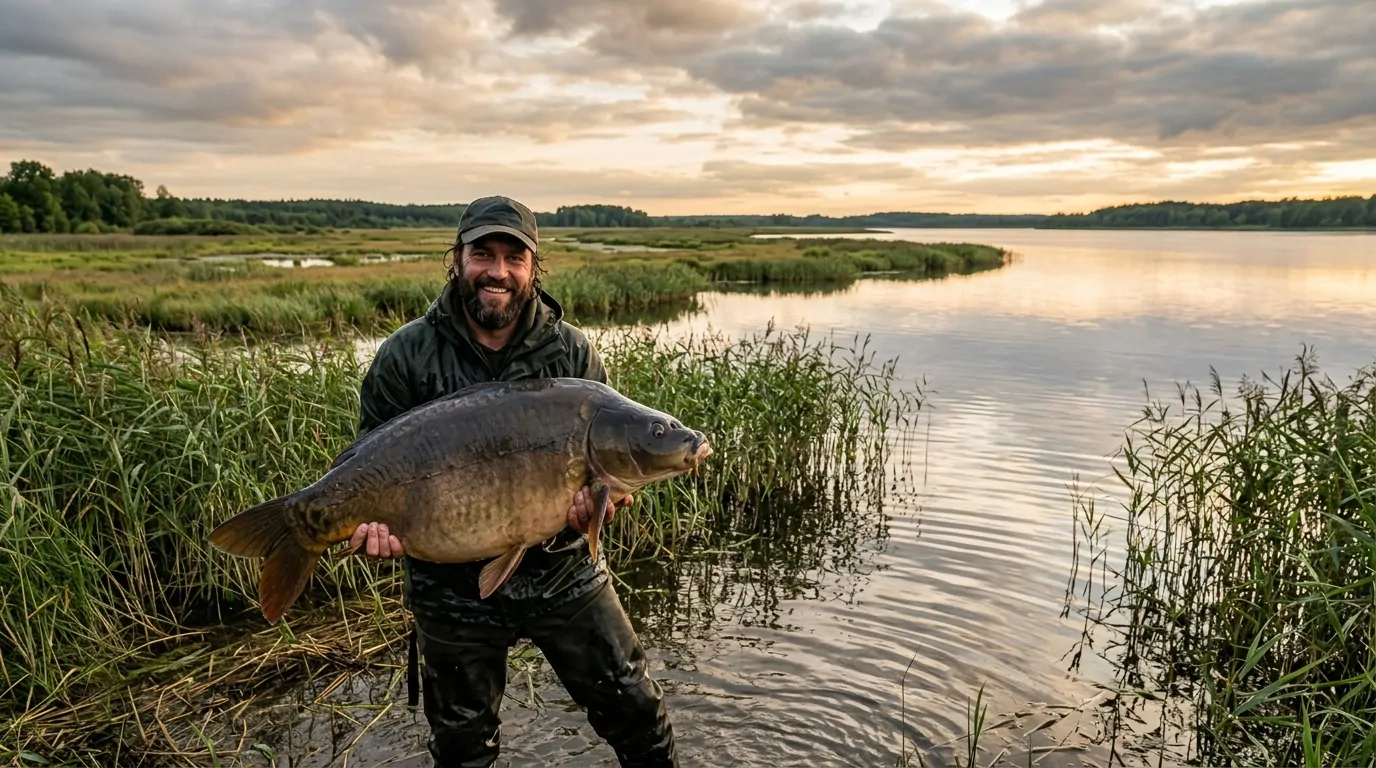 Un pescatore tiene con entrambe le mani un'enorme carpa comune in un lago dell'Europa orientale Un pescatore tiene con entrambe le mani un'enorme carpa comune in un lago dell'Europa orientale