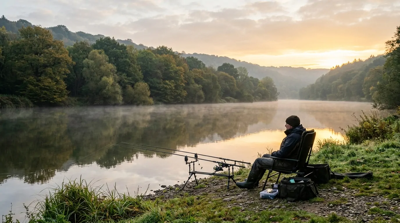 Un pescatore solitario sulle rive di un fiume nebbioso dell'Europa occidentale all'alba Un solitario pescatore di carpe sulle rive di un fiume nebbioso dell'Europa occidentale all'alba