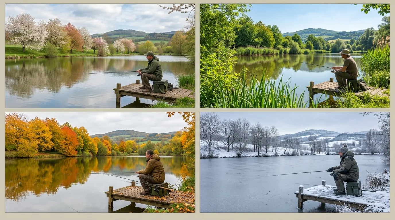Lo stesso luogo di pesca sulla riva di un lago europeo fotografato in tutte e quattro le stagioni con un pescatore Lo stesso luogo di pesca sulla riva di un lago europeo fotografato in tutte e quattro le stagioni con un pescatore