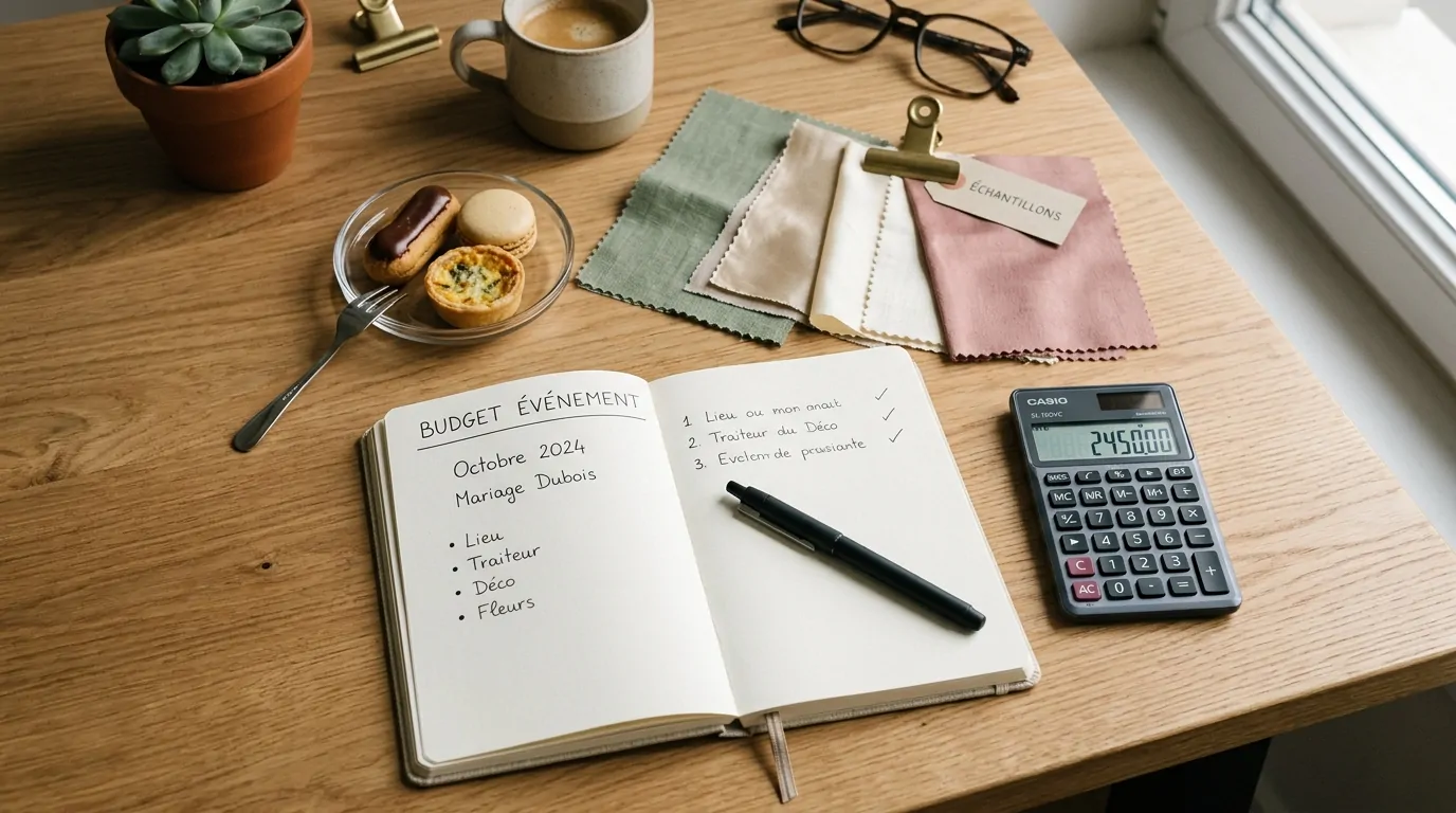 Calculator, planning notebook and samples laid out on a desk for budgeting an event Calculator, planning notebook and samples laid out on a desk for budgeting an event