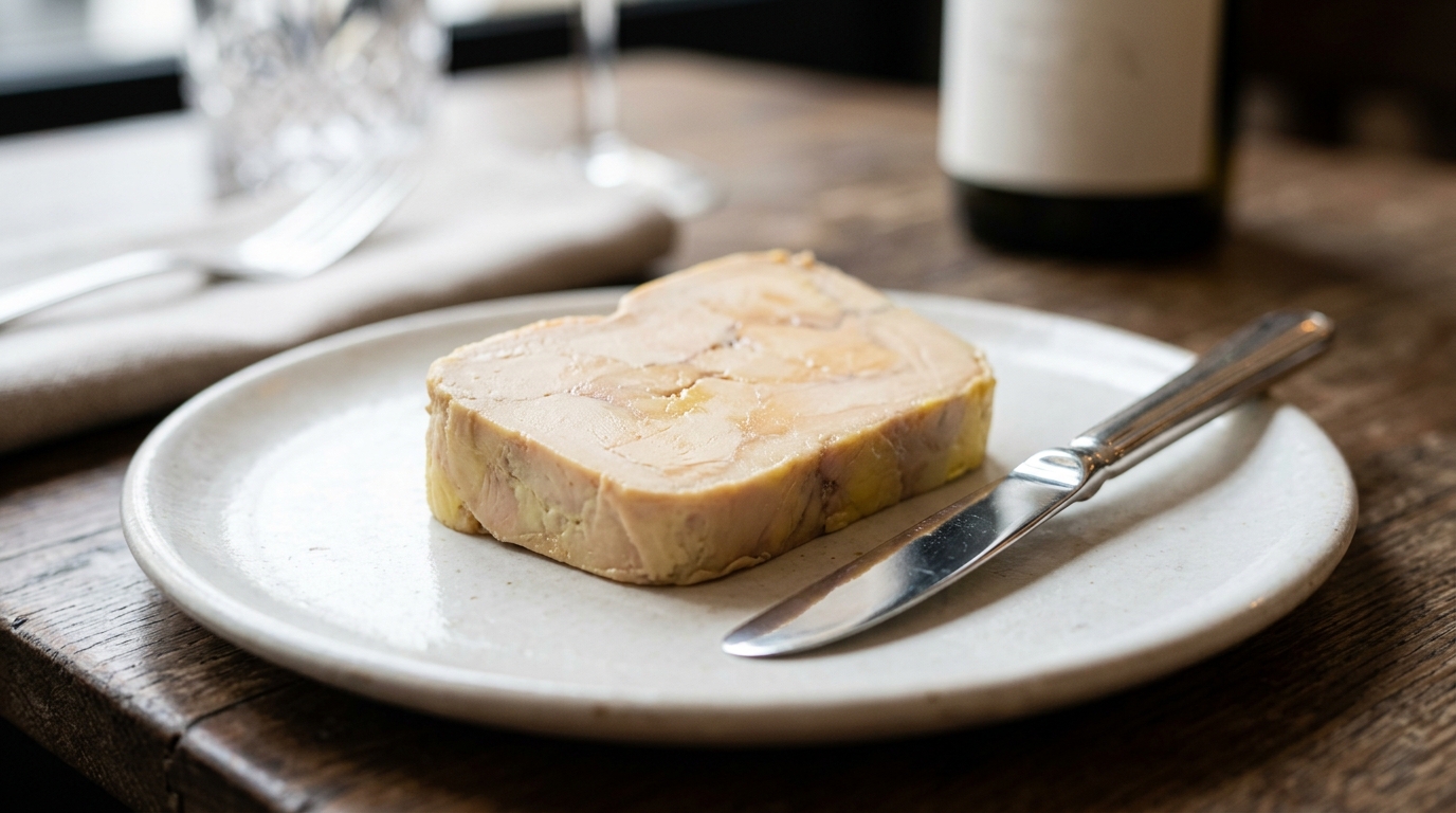 Tranche épaisse de foie gras sur assiette blanche avec un couteau de dégustation argenté