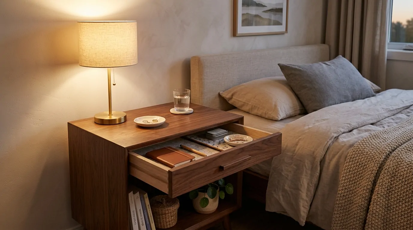 Table de chevet avec tiroir ouvert rangé, étagère avec livres et lampe posée dessus Table de chevet avec tiroir ouvert rangé, étagère avec livres et lampe posée dessus