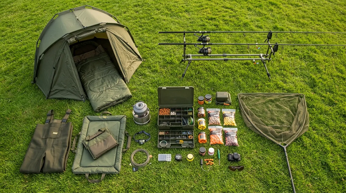 Attrezzatura da pesca alla carpa disposta sull'erba, vista dall'alto, con tenda da bivacco e canne da pesca Attrezzatura da pesca alla carpa disposta sull'erba, vista dall'alto, con tenda da bivacco e canne da pesca