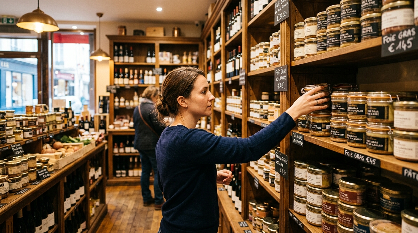 Rayon d'une épicerie fine avec des bocaux et conserves de foie gras sur des étagères en bois