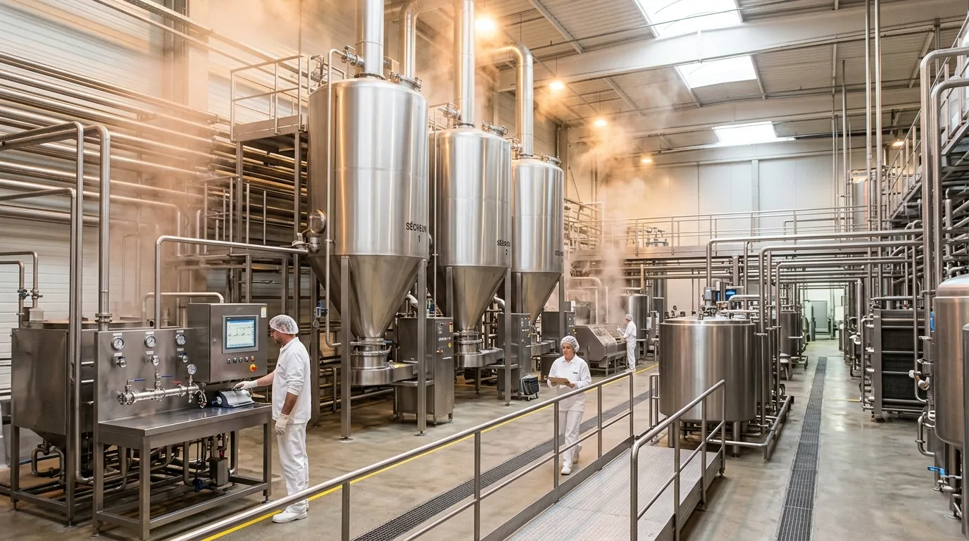 Interno di un moderno caseificio con essiccatori industriali in acciaio inossidabile e operai in camice bianco Interno di un moderno caseificio con essiccatori industriali in acciaio inossidabile e operai in camice bianco