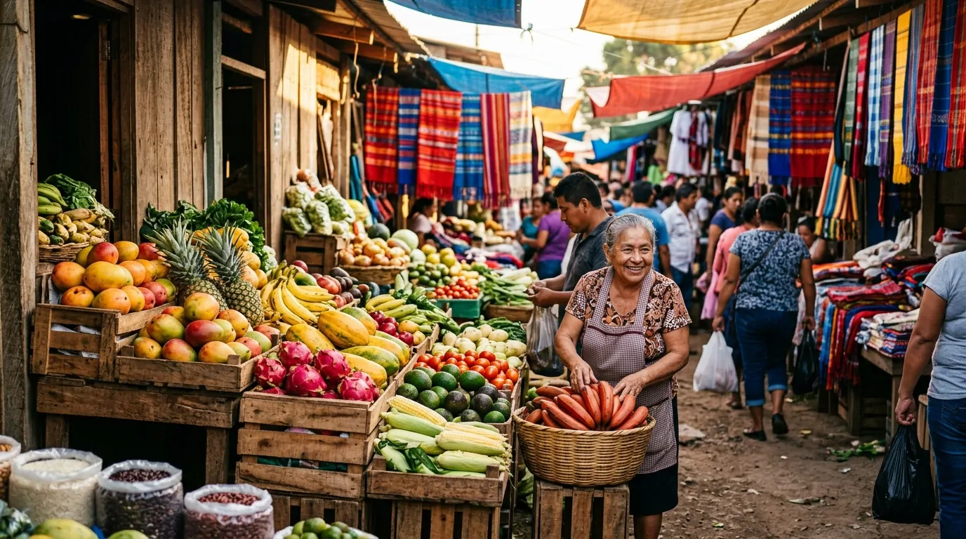 Mercato locale nicaraguense con frutta tropicale e verdura fresca su bancarelle di legno Mercato locale nicaraguense con frutta tropicale e verdura fresca su bancarelle di legno