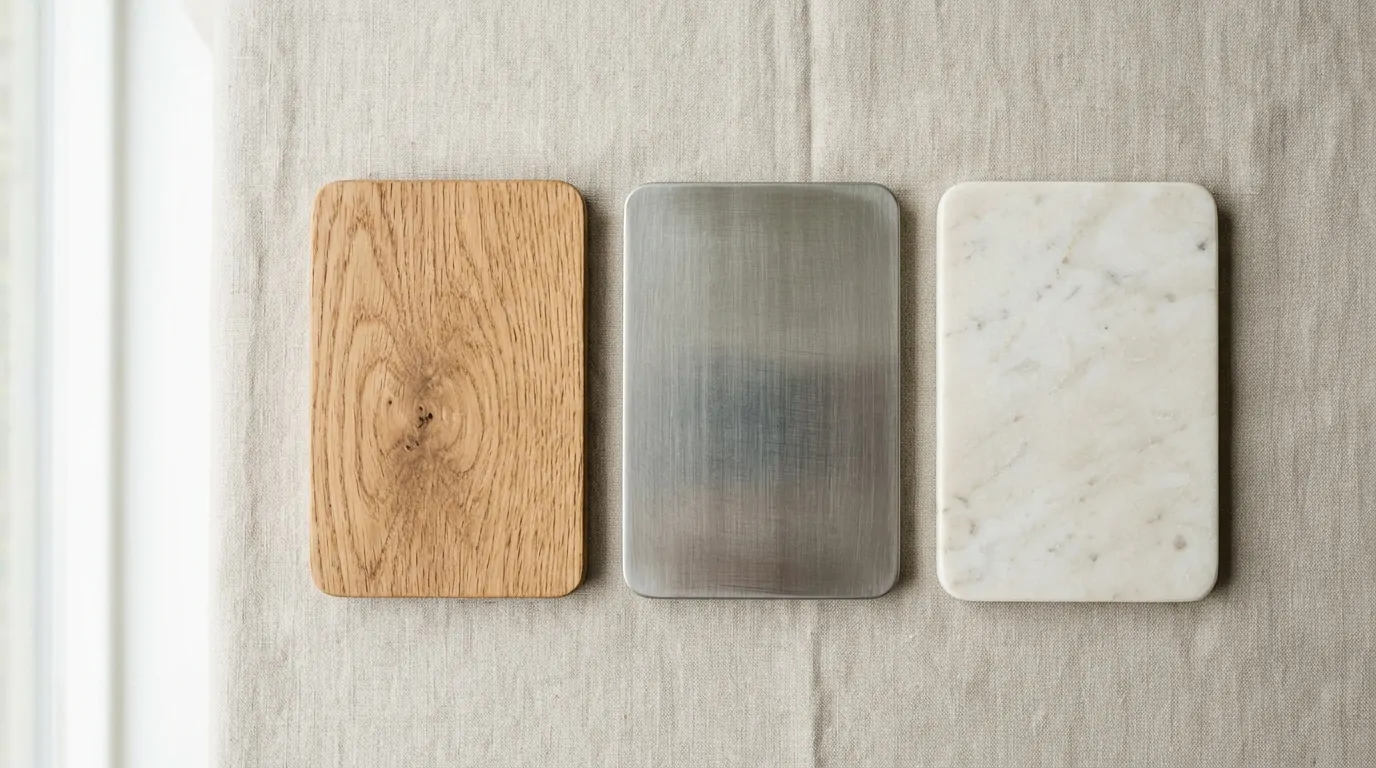 Trois échantillons de matériaux côte à côte : chêne naturel, métal brossé et marbre blanc Trois échantillons de matériaux côte à côte : chêne naturel, métal brossé et marbre blanc