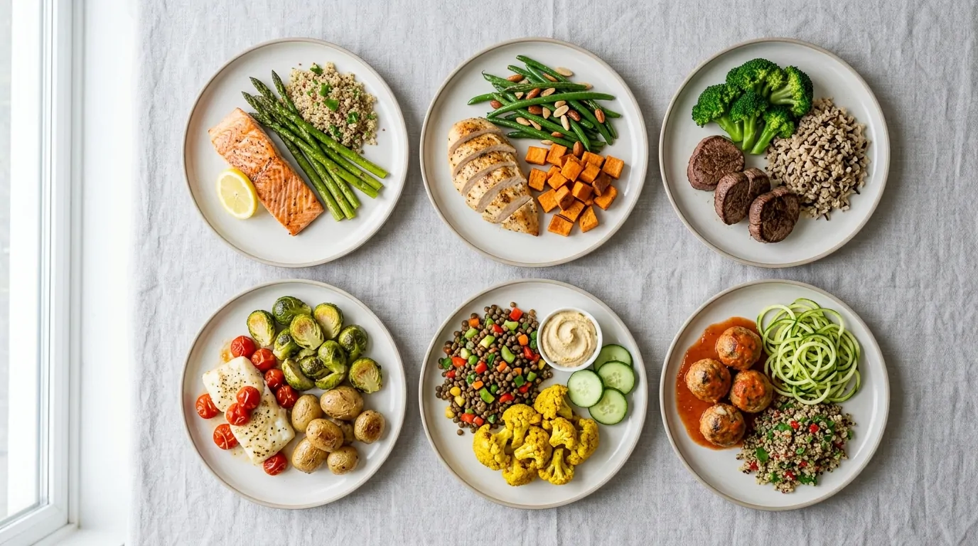 Individual plates viewed from above with balanced portions of protein, vegetables, and side dishes Individual plates viewed from above with balanced portions of protein, vegetables, and side dishes