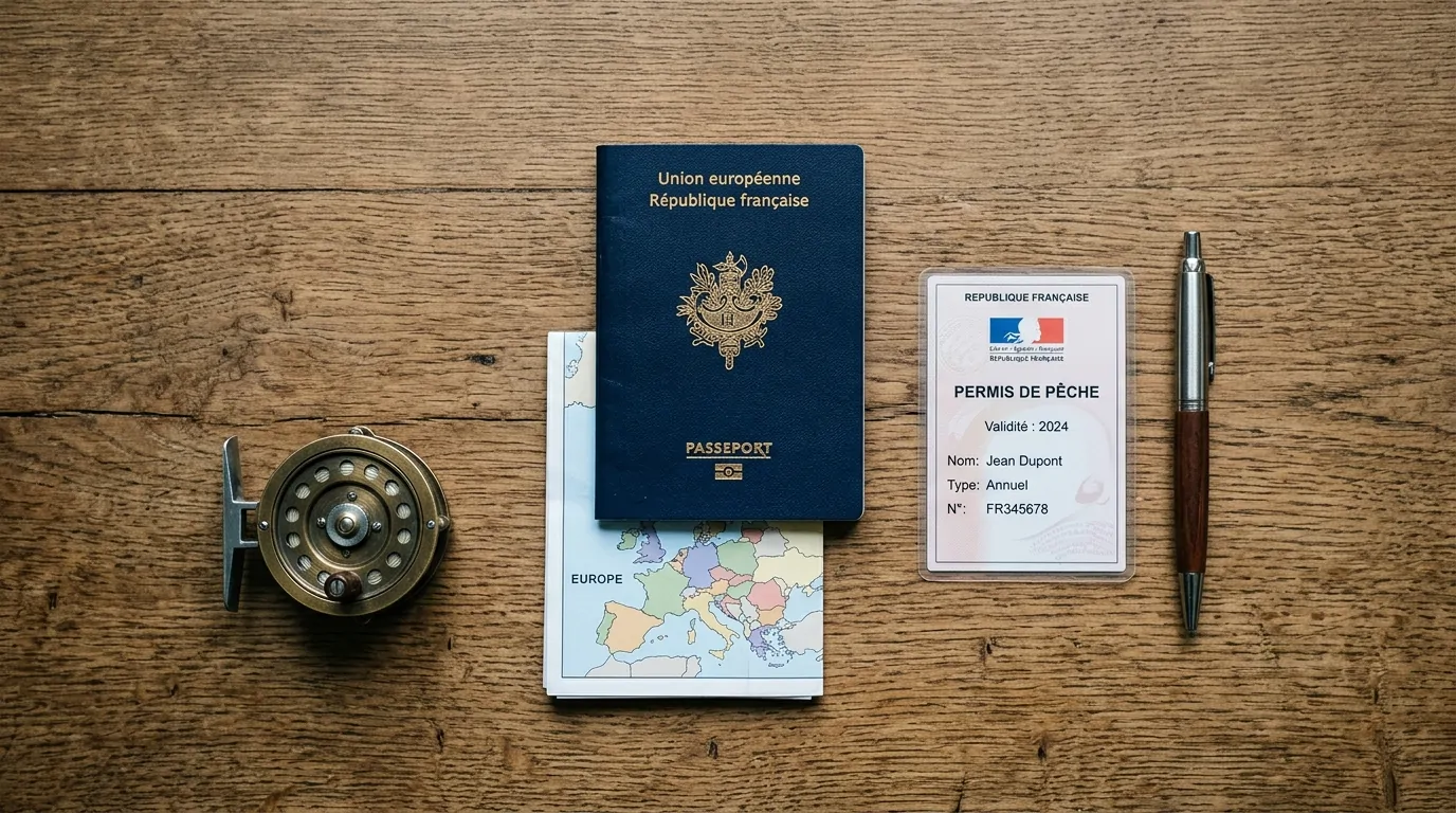 Licenza di pesca, passaporto europeo, penna e cartina dell'Europa su un tavolo di legno Licenza di pesca, passaporto europeo, penna e cartina dell'Europa su un tavolo di legno