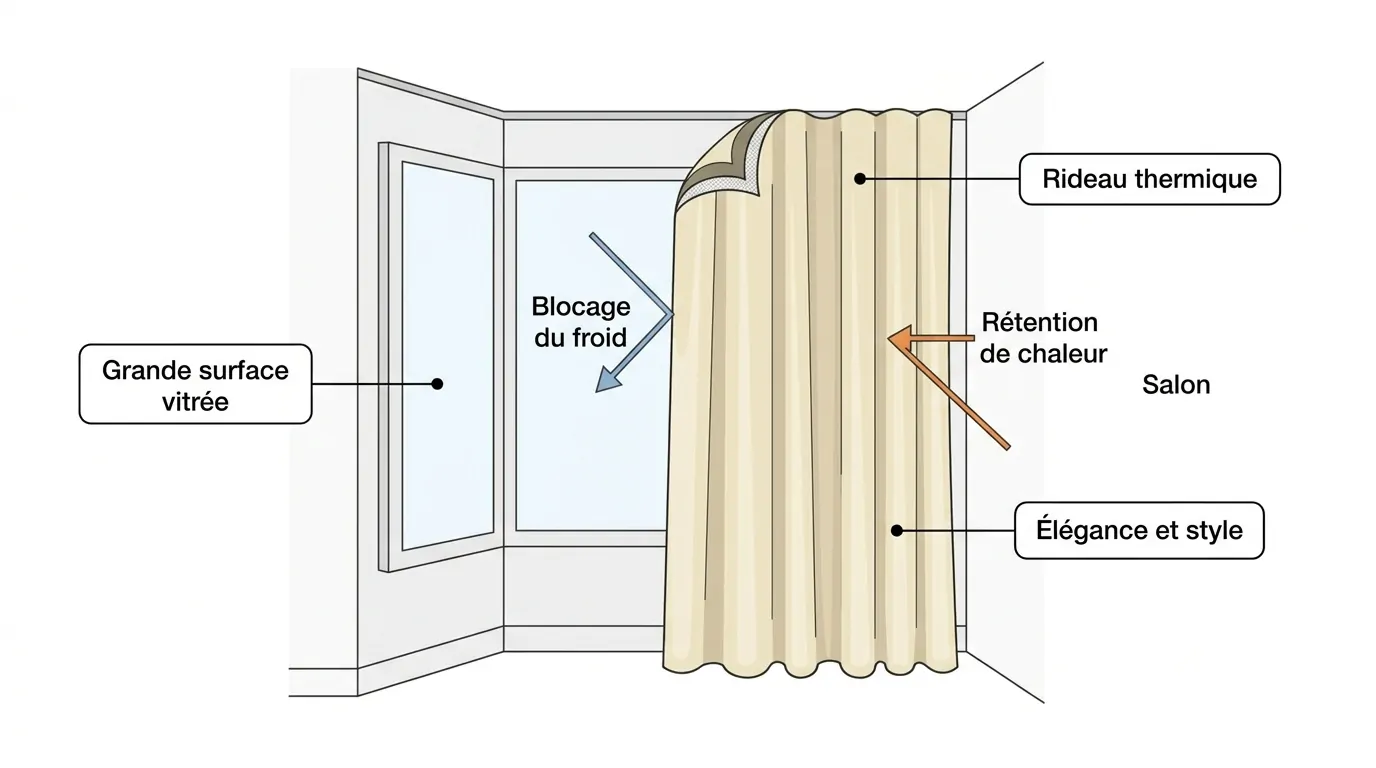 Schematyczny rysunek eleganckiej zasłony termicznej w jasnym salonie Schematyczny diagram eleganckiej zasłony termicznej