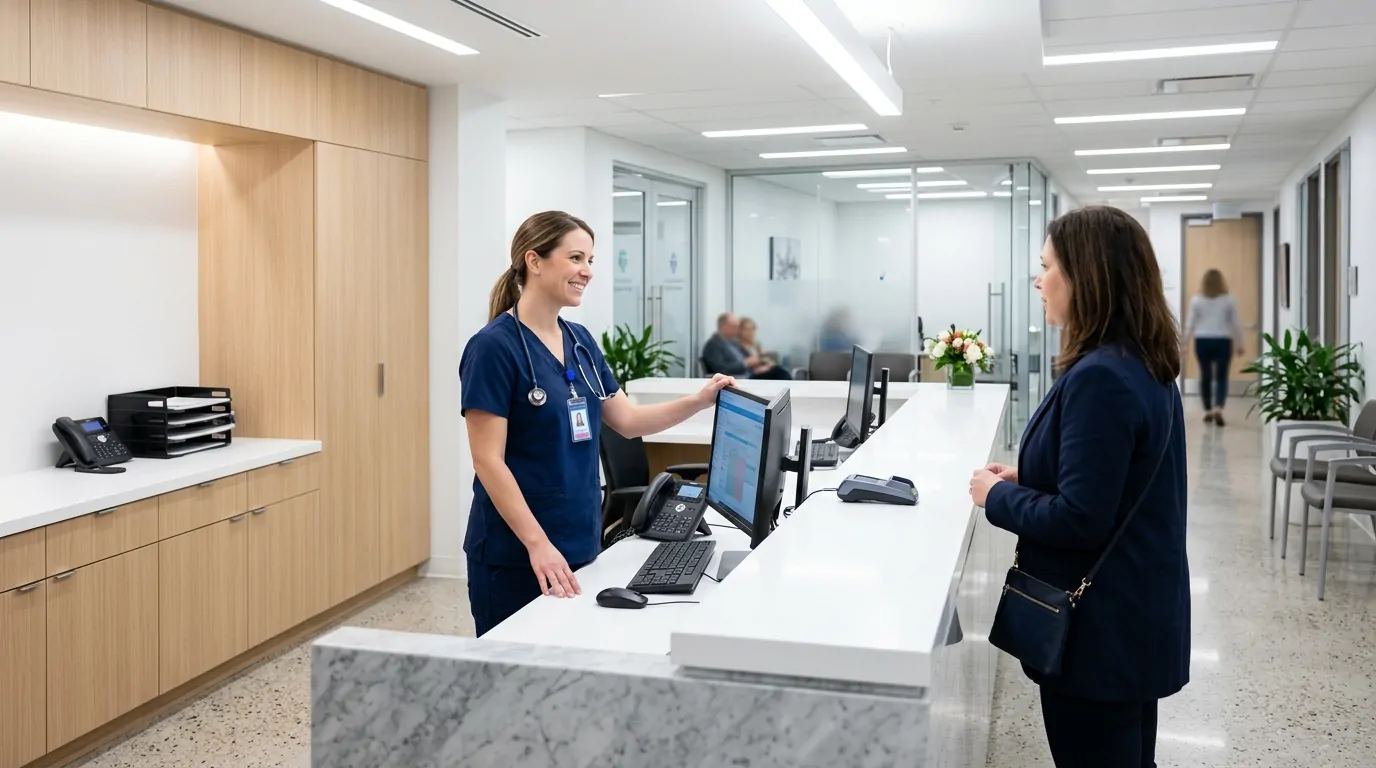 Area di accoglienza moderna di una clinica medica con un'infermiera in uniforme dietro un bancone bianco Area di accoglienza moderna di una clinica medica con un'infermiera in uniforme dietro un bancone bianco