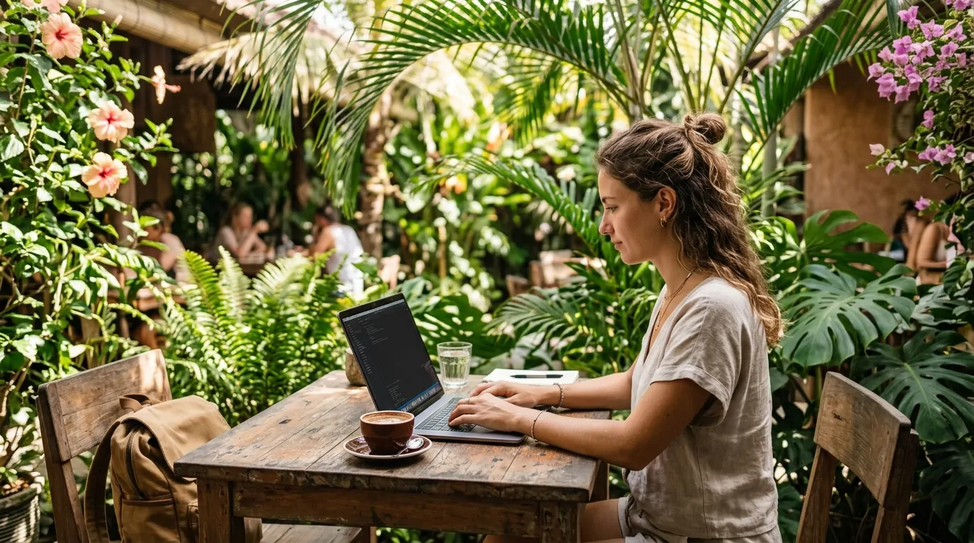 Nomade digitale in Nicaragua, al lavoro su un laptop in un caffè tropicale Nomade digitale in Nicaragua, al lavoro su un laptop in un caffè tropicale