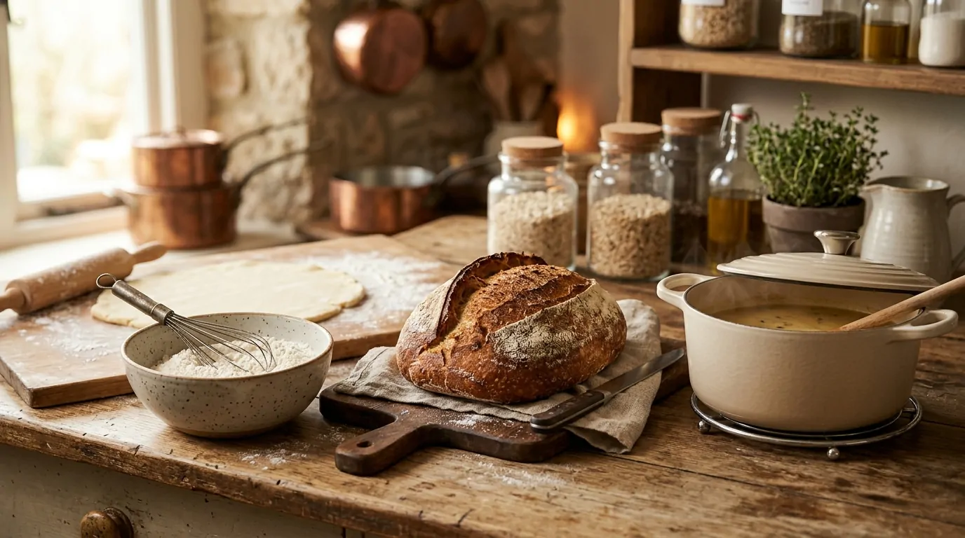 Una ciotola di latte in polvere, french toast, zuppa cremosa e pasta sfoglia su un piano di lavoro Una ciotola di latte in polvere, french toast, zuppa cremosa e pasta sfoglia su un piano di lavoro