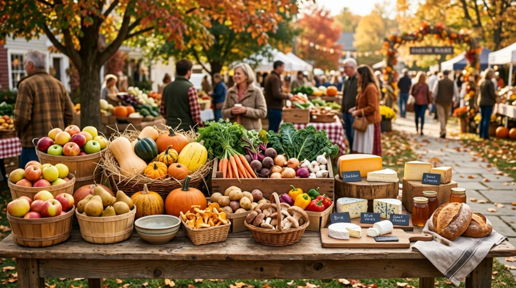 Semana del Sabor 2026: Productos de otoño, mercado, frutas y verduras de temporada Puesto de mercado otoñal con manzanas, peras, setas, calabazas y quesos artesanales. Semana del Sabor