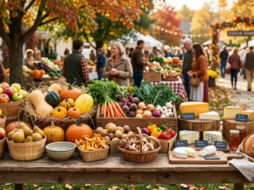 Étal de marché automnal avec pommes poires champignons courges fromages artisanaux Semaine du Goût