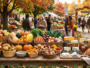 Étal de marché automnal avec pommes poires champignons courges fromages artisanaux Semaine du Goût
