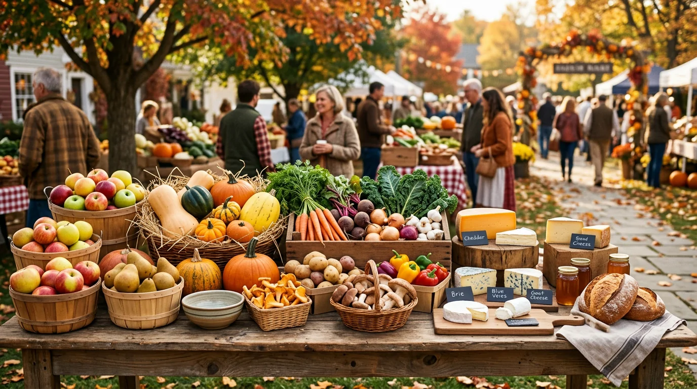 Semaine du Goût 2026 produits automne marché fruits légumes saison Étal de marché automnal avec pommes poires champignons courges fromages artisanaux Semaine du Goût