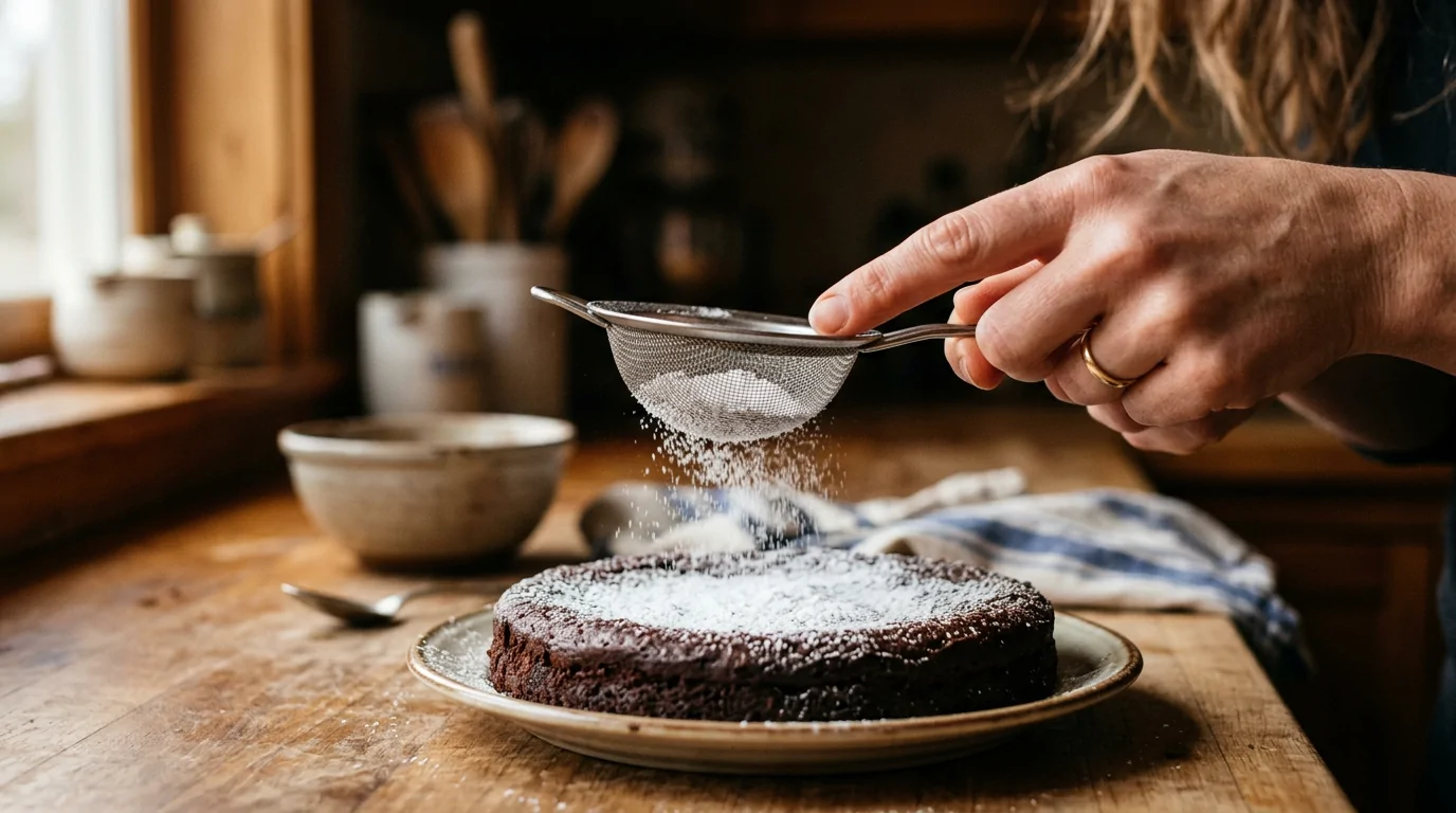 Para terminar un postre de chocolate, espolvoree azúcar glas tamizada a mano