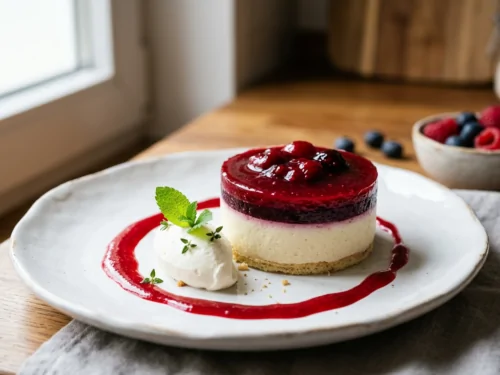 Dessert maison raffiné avec glaçage brillant et coulis de fruits rouges en contraste