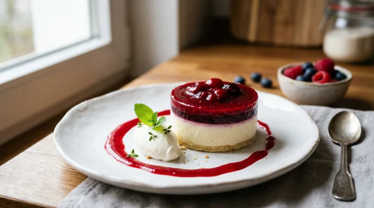 Refinado postre casero con un glaseado brillante y un coulis de frutos rojos que contrasta con el resto