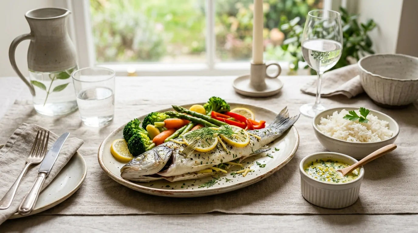 Accompagnement poisson entier vapeur Poisson entier vapeur servi avec légumes et riz en accompagnement