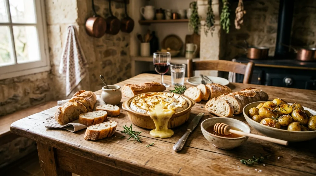 Baked Camembert side dish ideas: practical ideas Baked Camembert served with bread, potatoes and honey on the table