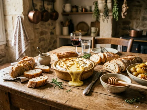 Camembert fondu au four accompagné de pain, pommes de terre et miel sur table