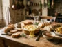 Camembert fondu au four accompagné de pain, pommes de terre et miel sur table