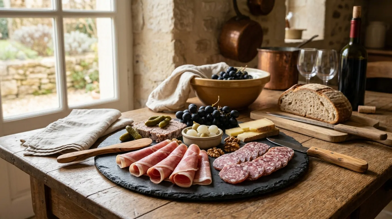 Plateau de charcuterie fine avec jambon cru et saucisson sec Plateau de charcuterie fine avec jambon cru et saucisson sec