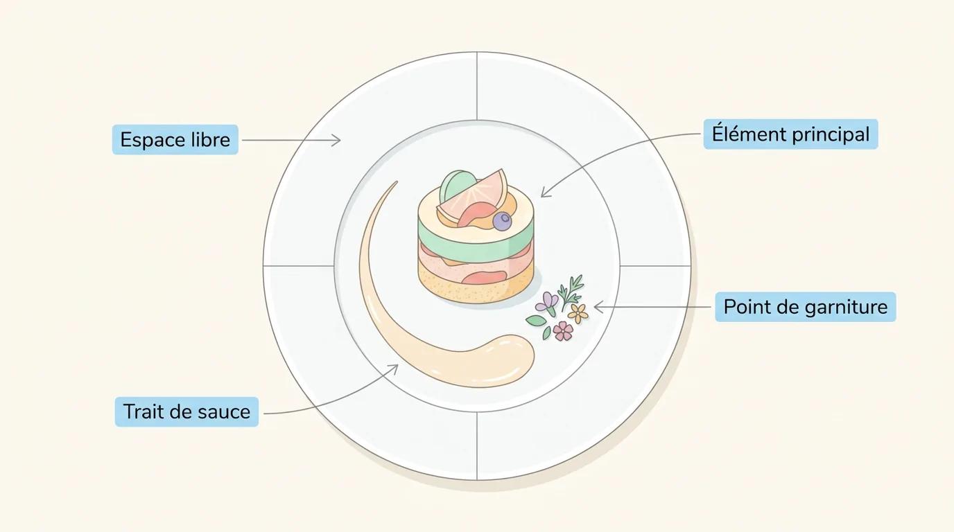 Schéma explicatif des zones de dressage d'une assiette dessert avec élément principal et sauce Schéma explicatif des zones de dressage d'une assiette dessert avec élément principal et sauce