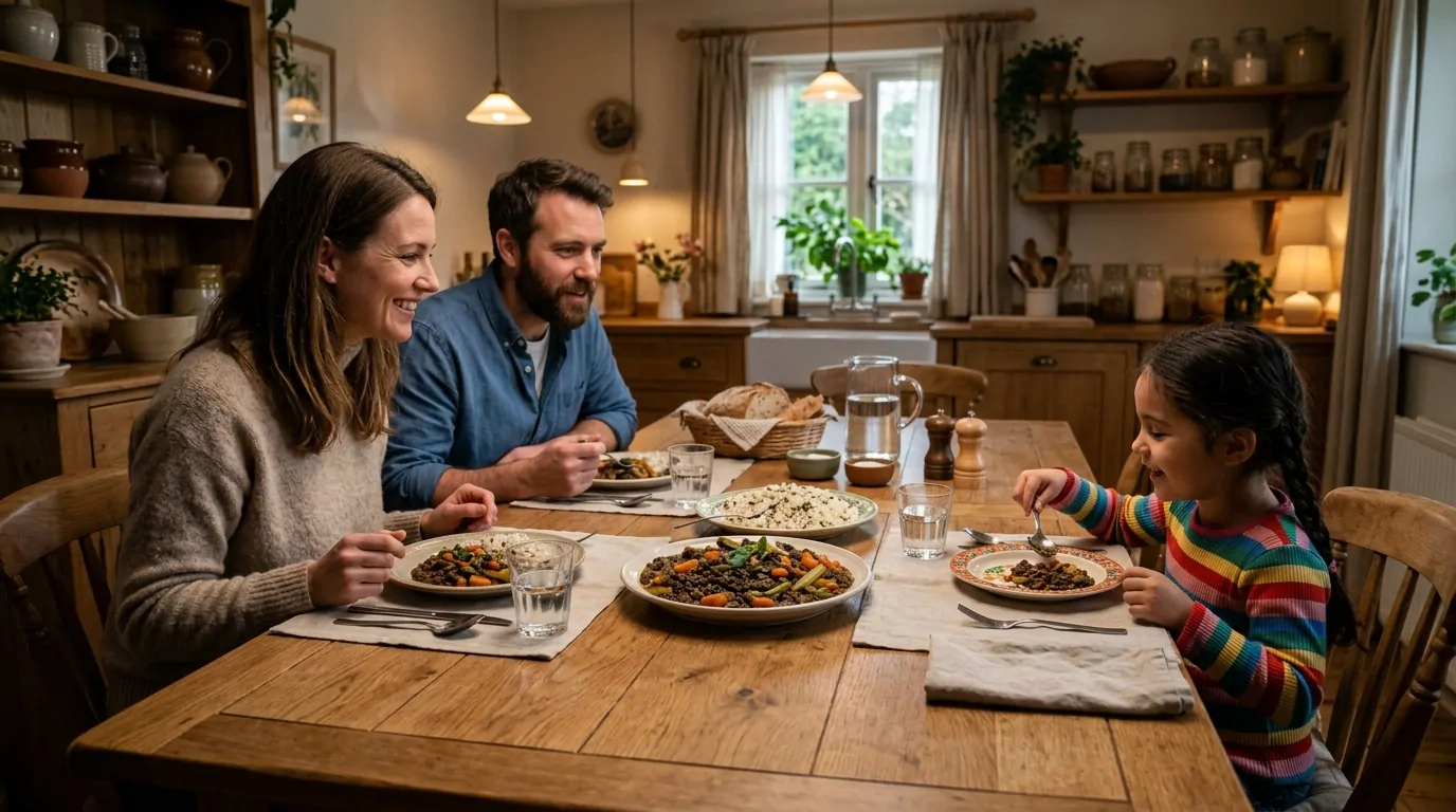 Table familiale avec assiette de lentilles avec une portion pour un enfant Table familiale avec assiette de lentilles portionnée pour un enfant