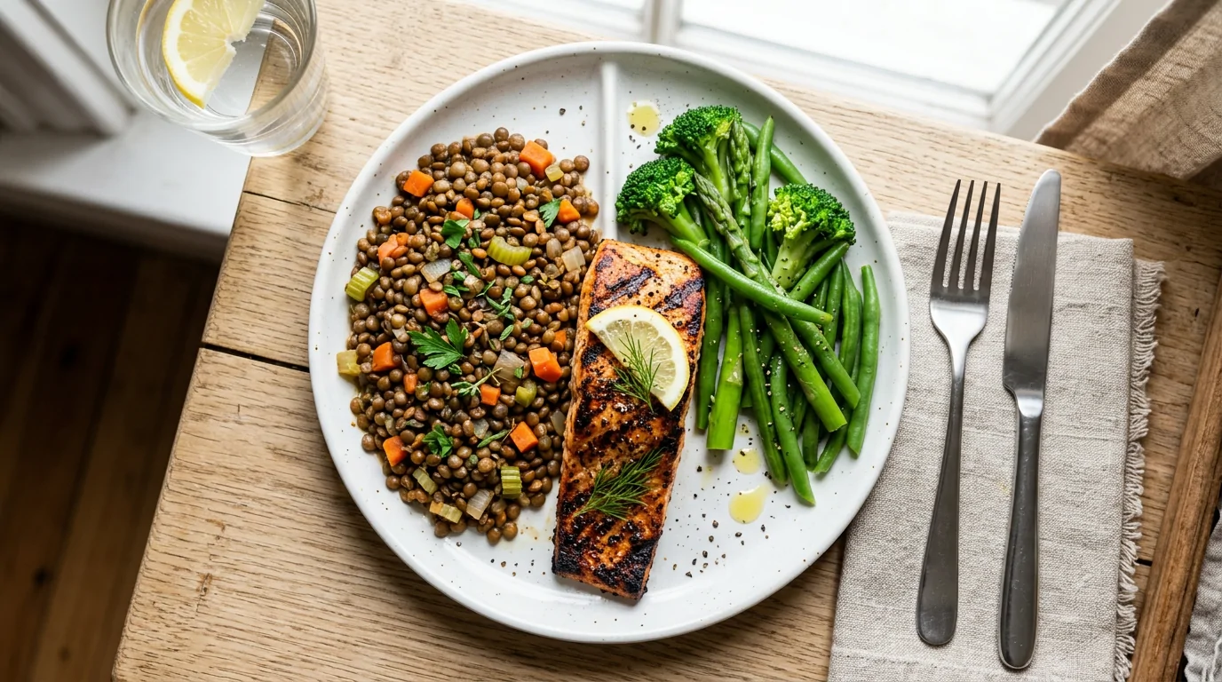 Assiette protéines lentilles poisson légumes Assiette équilibrée avec lentilles, poisson grillé et légumes illustrant la catégorie des protéines