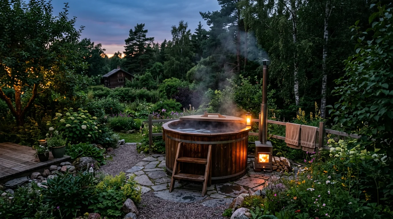 Bain nordique en bois pour jardin Bain nordique en bois installé dans un jardin avec eau chauffée fumante