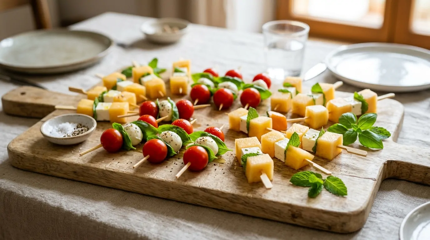 Colorful appetizer skewers on a tray