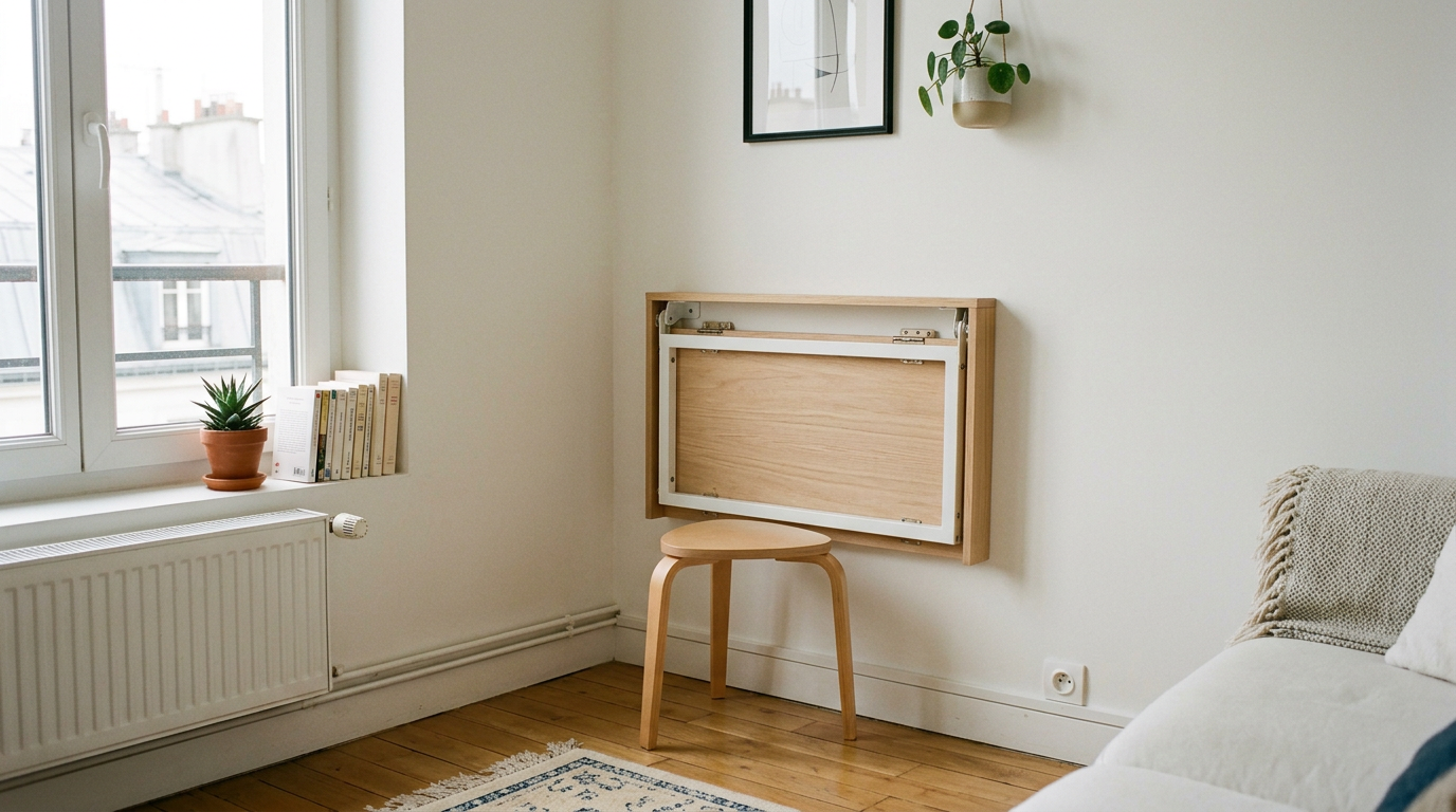 Bureau escamotable mural gain de place Bureau escamotable mural replié dans un petit appartement minimaliste aux murs blancs