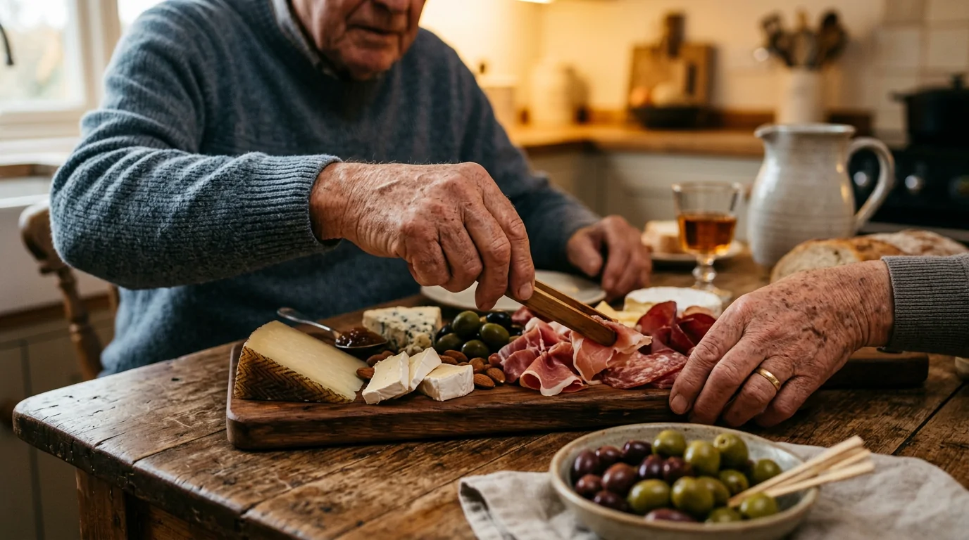 Grand-père préparant un plateau apéritif gourmand fait maison