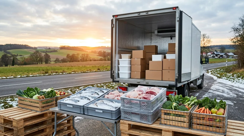 Camión frigorífico de reparto de alimentos con paquetes isotérmicos y productos frescos en primer plano