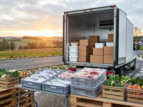 Camion frigorifique de livraison alimentaire avec colis isothermes et produits frais en premier plan