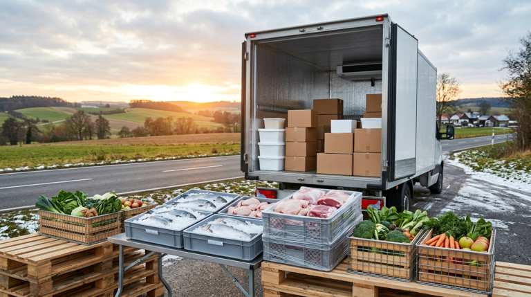 Chaîne du froid livraison alimentaire Camion frigorifique de livraison alimentaire avec colis isothermes et produits frais en premier plan