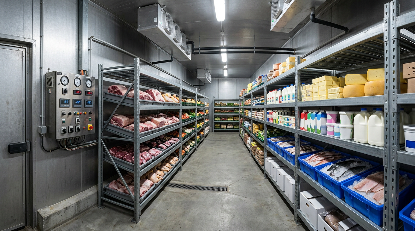 Chambre froide températures réglementaires produits frais Chambre froide professionnelle avec produits alimentaires variés rangés sur étagères à température réglementaire