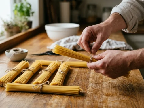 Portions de spaghetti crus mesurées à la main sur un plan de travail en bois